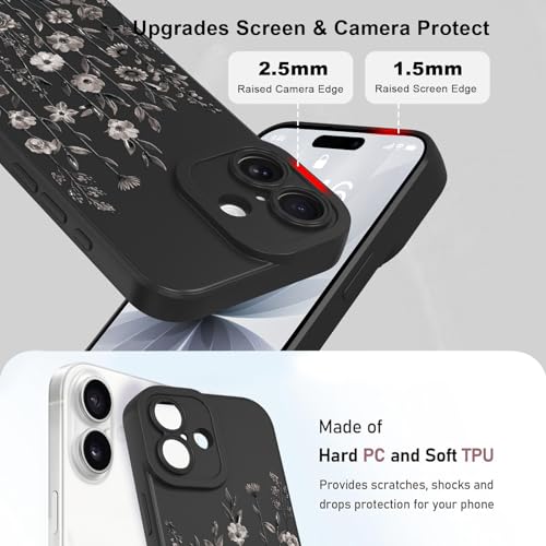 Image of Designed for iPhone 17 Case Flower for Women Girls, Black | Cute Floral Pattern Liquid Silicone Phone Case [Full Camera Protection] Slim Soft TPU Protective Cover