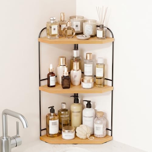 Image of Corner Bathroom Counter Organizer, 3-Tier Wood Countertop Organizer | Skincare Organizers for Vanity, Makeup Storage, Counter Corner Shelf for Kitchen, Bathroom, Dresser, Natural