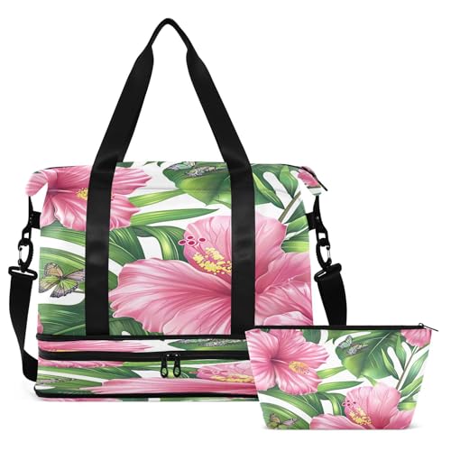 Hibiscus Flowers Gym Bag for Women Sport Travel Duffel Bag Shoulder Weekender Overnight Bags with Wet Pocket & Shoe Compartment2