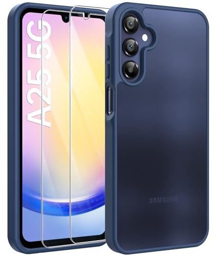 FLLAO Matt Handyhülle für Samsung Galaxy A25 5G Hülle und 2 Schutzfolie mit Kameraschutz [Militärnorm Schutz] urchscheinende PC Rückseite TPU Bumper Hülle für Samsung A25 5G - Dunkelblau