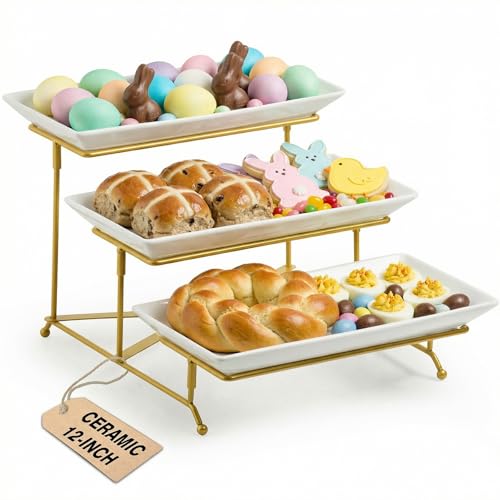 LAUCHUH 3 Tier Serving Stand with Porcelain Serving Platter Tier Serving Trays with Collapsible Sturdier Rack, Serving Dishes and Platters, Gold, 12 Inch