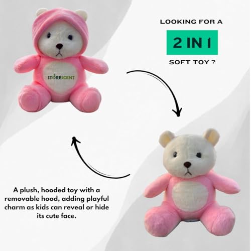 Image of Storescent Hooded Teddy Bear Plush Toy | Soft & Cute Stuffed Animal Toy for Hugging for Kids & Loved Ones - Light Pink 45cm