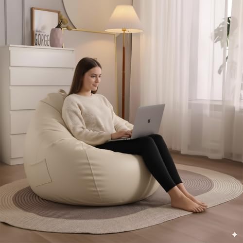 Image of 4XL Leatherette Bean Bag Chair with Footrest & Cushion with Beans Filled (Ready to Use) Color- (Cream, Bean Bag Only)