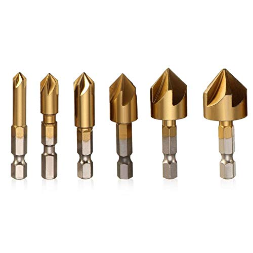 Greenfuture Center Drill Bit 6 Pcs/Set Hexagonal Shank Titanium Coated Five Flutes Countersink Drill Bit Woodworking Core Dril Bit Power Tool Accessories