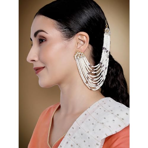 Aheli Kundan & Pearls Earrings with Chain Gift for Women Indian Traditional Bollywood Jewelry Blue2