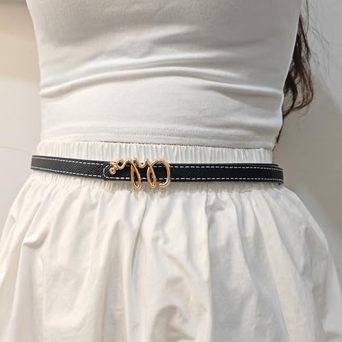 Women's Skinny Genuine Leather Belts Black White Trendy Thin Belt with Gold Buckle for Dresses4
