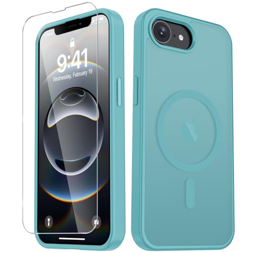 Image of YENAPOON for iPhone 17e Case, iPhone 16e Case, Matte Magnetic Phone Cover [with 1 Screen Protector] [Support for MagSafe] [Shockproof Military Grade Protection] Translucent Frosted Back, Light Blue