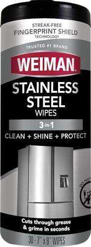 Comparison: Best Product For Cleaning Stainless Steel 2 Weiman Stainless Steel Cleaner, 30 Count Cleaning Wipes, Removes Dirt, Grime, and Grease, No Streaks or Residue, Stainless Steel Polish for a Sparkling Clean and Shiny Surface, Cleaning Supplies