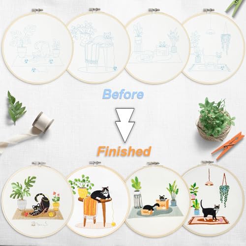 Image of Bonroy 4 Sets Embroidery Set for Beginners, Art Craft, Easy Sewing, Includes Embroidery Clothing, Pattern, Embroidery Hoop, Instruction Manual, Colorful Thread Stitch Set (Cat)