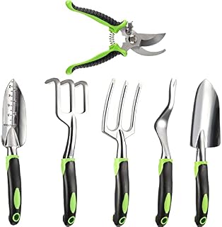 JOIKIT 6 Pieces Garden Tools Set, Aluminum Garden Tools with Ergonomic Handles, Outdoor Gardening Hand Tool Kit Including Shovel, Transplanted Trowel, Rake, Fork, Weed Puller, Pruning Shears