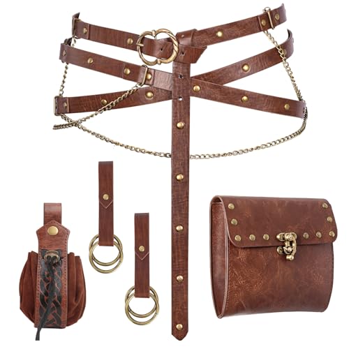 Dicxoser Renaissance Metal Chain Belt Set - Medieval Viking Vintage Adjustable Belt with Waist Pouch & Skirt Hike for Cosplay (Brown)