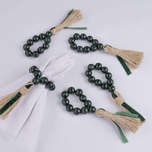 Green and Black Plaid Tassel Dinner Napkin Rings Holder, Wood Bead Napkin Ring Set of 6, Rustic Napkin Rings Handmade by Braided Jute and Bead for St Patricks Day Weeding Christmas Party Celebration