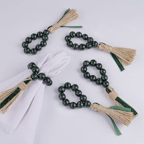 Green And Black Plaid Tassel Dinner Napkin Rings Holder, Wood Bead Napkin Ring Set Of 6, Rustic Napkin Rings Handmade By Braided Jute And Bead For St Patricks Day Weeding Christmas Party Celebration #TOP23