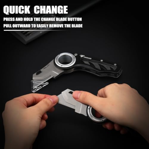Image of Tondiamo 1 Pcs Utility Pocket Knife Folding Heavy Duty Box Cutter with Anti Slip Finger Loop Razor Knife Quick Change Blade 3 Lock Position Design for Home Office Warehouse (Black)