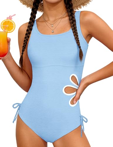 Image of KANGKANG Girls Swimsuit Solid Color Cut Out One Piece Bathing Suit with Chest Pad Adjustable Strap Round Neck Girls' Swimwear