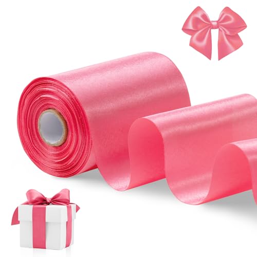 FAKILO Bright Pink Satin Ribbon 4 Inch x 22 yd Wide for Grand Opening Business Cuttings Ceremony Bow Christmas Festival Decor