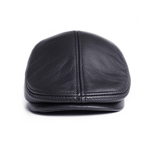 VEMOLLA Men's Real Cowhide Leather Beret Hunting Cap Beanie Trucker Cap Mens Sports Hat Black L
