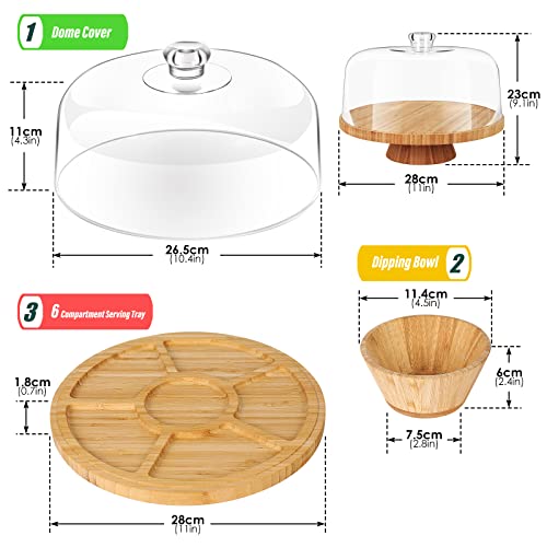 Hevol Cake Stand With Acrylic Dome Cover, Bamboo Cake Plate With Lid, 6 In 1 Multifunctional Cake Holder, Serving Tray, Salad Bowl, Veggie Stand, Punch Bowl, Snack Platter, For Display Cakes, Dessert #TOP2
