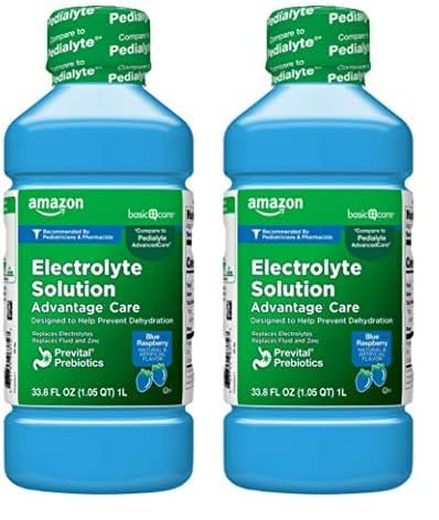 Amazon Basic CareElectrolyte Solution Advantage Care with PreVital Prebiotics, Blue Raspberry, Designed to Help Prevent Dehydration, Replaces Electrolytes, Fluid and Zinc, 33.8 fl oz (Pack of 2)