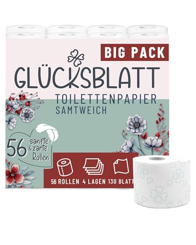 Glücksblatt Toilettenpapier SAMTWEICH mit Vanilleduft, 4-lagig, 56 Rollen x 130 Blatt, 100% Zellstoff, superweiches Klopapier mit Glücks-Prägung, WC Papier, Verpackung aus mind. 30% PCR