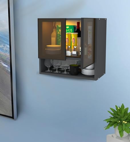 Image of SPECIALITY PANELS Aluminium Black Profile 2 Brown Tinted Glass Handless Shutter Wall Cabinet with Space Organizer Wall Mounted Kitchen Storage Cupboard Modern Kitchen Furniture Unit (Slate Grey)