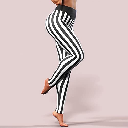 Abafip Women's High Waist Striped Leggings Elastic Waistband Stretch Slim Fit Workout Skinny Yoga Pants Tights White - Striped Small #TOP1