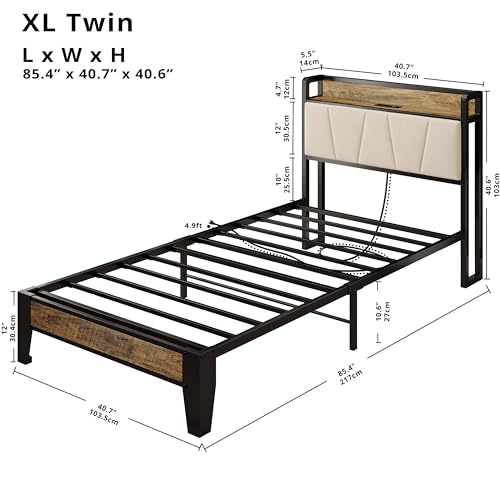 LIKIMIO Twin XL Bed Frames, Storage Headboard with Charging Station, Solid and Stable, Noise Free, No Box Spring Needed, Easy Assembly (Walnut and Beige)