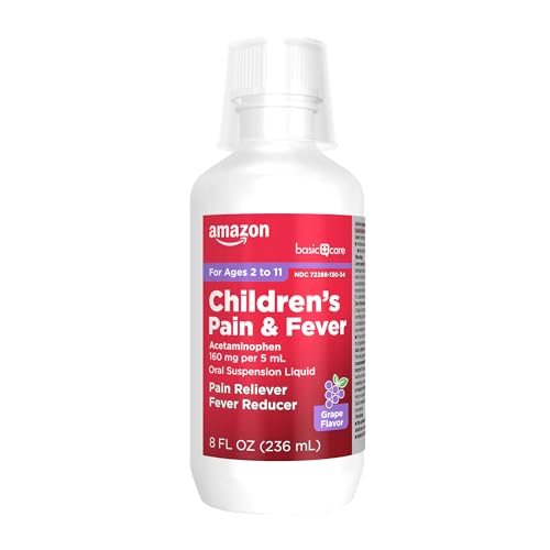 Image of Amazon Basic Care Children's Pain and Fever, Acetaminophen 160 mg per 5 mL Oral Suspension, Pain Reliever, Fever Reducer, Grape Flavor, 8 fl oz (Pack of 2)