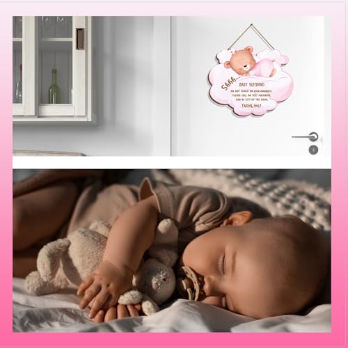 Image of Baby is Sleeping Wooden Hanging Door Sign, Funny Front Door Do Not Ring Doorbell Decorations Hanging Sign, Baby Sleeping Door Sign for Room Front Door Nursery Bedroo