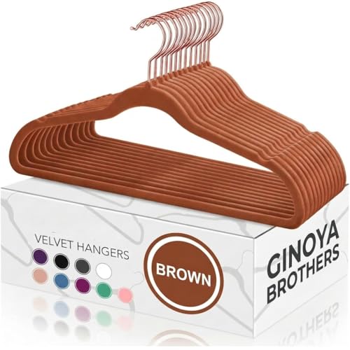 Image of ginoya Brothers Velvet Hangers,Non Slip Notched with Rose Gold Hook Coat /Suit Hangers,Space Saving 360 Degree Swivel Hook (Brown, 10 Count),Velvet