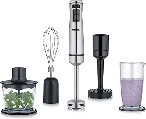 SEVERIN Batidora de mano con set prémium, batidora eléctrica con 4 hojas de acero inoxidable, con multipicadora, jarra, triturador de patatas y varillas, negro/acero inoxidable, SM 3774