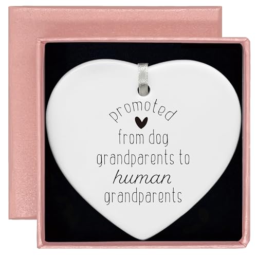 Heart Shaped White Ceramic Ornament-Pregnancy Announcement for Parents-New Baby Reveal Keepsake-Promoted from Dog Grandparents to Human Grandparents Gift