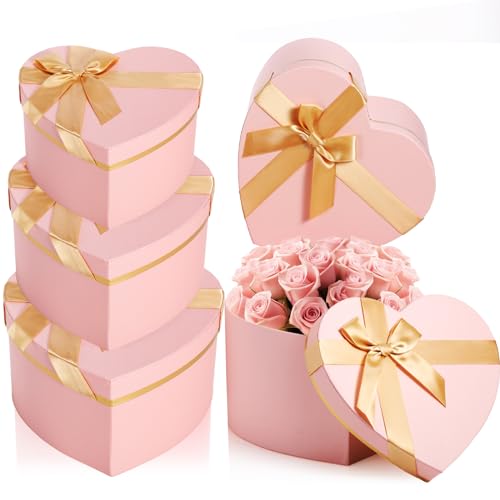 Resurhang 4 Pcs Christmas Heart Shaped Gift Box with Lid for Flower Arrangement Large Present Gift Box for Xmas Wedding Birthday Anniversary Party(Classic,Pink)