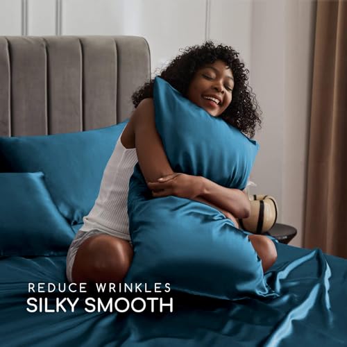 Image of MR&HM Satin Bed Sheets, King Size Sheets Set, 4 Pcs Silky Bedding Set with 15 Inches Deep Pocket for Mattress (King, Teal)