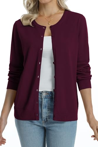 Image of QUALFORT Women's 100% Cotton Lightweight Cardigans Long Sleeve Knitted Button Down Sweater
