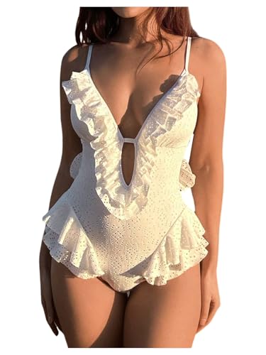 SweatyRocks Women's Ruffle One Piece Swimsuit Deep V Neck Tummy Control Bathing Suit