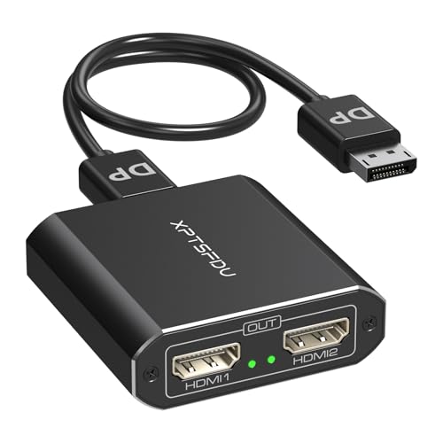 XPTSFDU DisplayPort to HDMI Splitter 4K60Hz DP to Dual HDMI Splitter 1 in 2 Out Extended Display with Power Cable Supports Extended and Mirror Mode for Windows (Mac OS only Supports Mirror Mode)