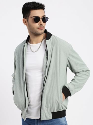 Image of SHOWOFFFF Men Solid Bomber Jacket | Mandarin Collar Full Sleeves Corduroy Jacket for Mens | Slim Fit Regular Length Jacket for Men's
