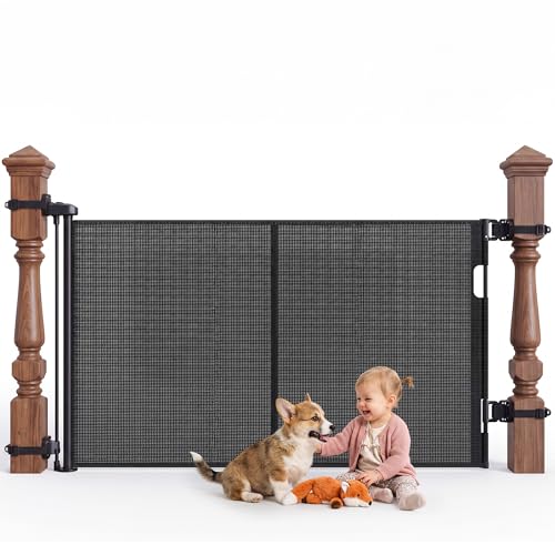 Reinforced Retractable Baby Gate for Stairs & Banister 55 Wide Mesh Dog Gate One-Handed Dual Lock Safety Gate for Kids & Pets Fits Round & Square Posts (Black)