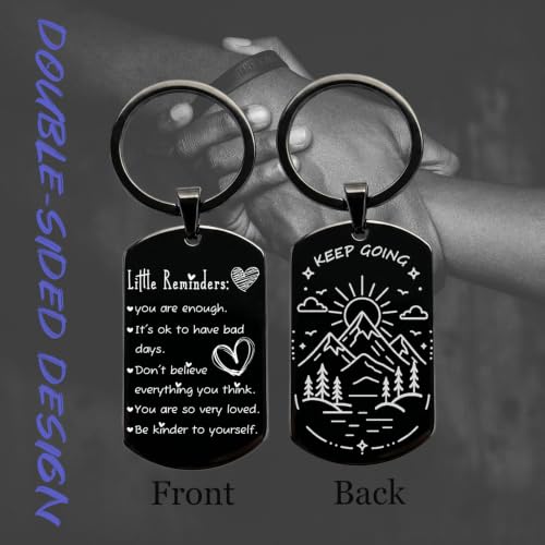 Double Sided Little Reminders Keychain - Engraved Mental Health Affirmation & Keep Going Mountain Sunrise | Uplifting Self Care Therapy Gifts, You Are Enough Inspiration Keychain - Image 2
