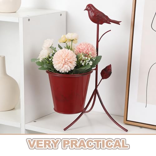 Soporte para macetas de metal rojo antivuelco para terrazas y patios 4