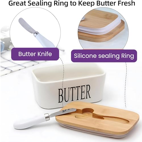 Image of Ceramic Butter Container with Wooden Lid & Butter Knife - Large Butter Dish for Kitchen Counter, Airtight Butter Keeper for Soft Butter, Elegant Ceramic Butter Box for Storage