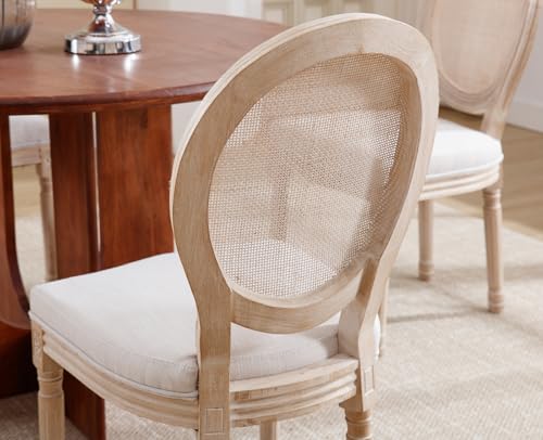 chairus Farmhouse Dining Chairs Set of 2, Round Rattan Back French Country Dining Room Chairs Vintage Fabric Upholstered Chair with Rustic Wood Legs, Beige 2 PCS - Thumbnail 7