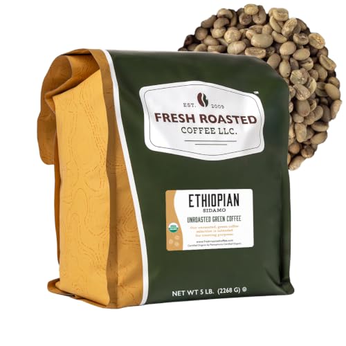 Fresh Roasted Coffee, Organic Ethiopian Sidamo Unroasted Green Coffee Beans for Home Roasting, USDA Organic, 100% Single Origin, Kosher, 5 lb (80 oz)