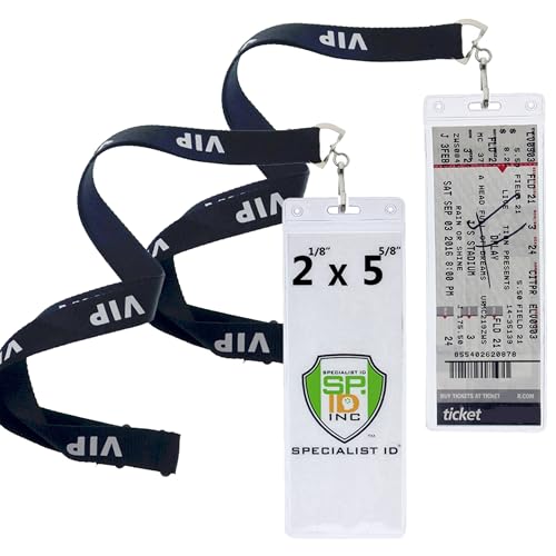 5 Pack - Ticket Stub Holder Display Sleeves with VIP Lanyards - 2 ⅛ X 5 ⅝ Inch TICKETMASTER Compatible - Clear Flexible Vinyl Plastic Holder Pouch for Concerts & Sports by Specialist ID