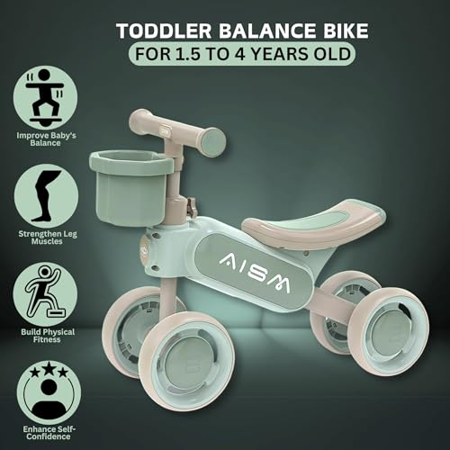 Image of Baby Balance Bike | Toddler First Ride-On Bike | Non-Pedal 4-Wheel Push Bike | Lightweight & Sturdy Design for Boys & Girls | Ideal for 1-3 Years Old (Green : KB-079)