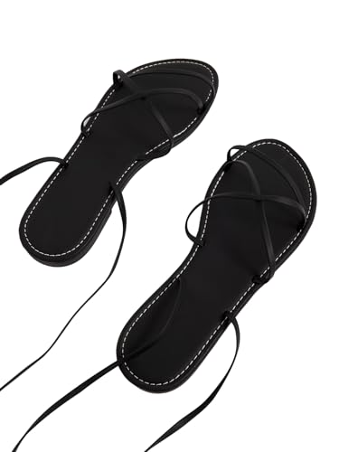 GORGLITTER Women's Lace Up Flat Sandals Strappy Tie Up Open Toe Dressy Slide Sandals3