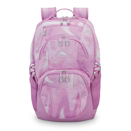 Image of High Sierra Swoop SG Backpack, Travel or Work Laptop Bookbag with Drop Protection Pocket, and Tablet Sleeve, One Size, Pink Marble Swirl