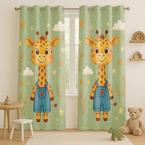 Image of STITCHNEST Velvet Kids Curtains Pack of 2 | Cartoon Giraffe & Star Print | Semi Blackout Curtains for Nursery, Baby & Toddler Room | 7 Feet