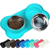 Vivaglory Dog Bowls, Set of 2, Stainless Steel Water and Food Bowl Pet Puppy Cat Feeder with Non Spill Skid Resistant Silicone Mat, Small, Turquoise